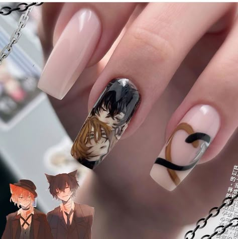 Dazai Inspired Nails, Dazai Nails Design, Bsd Inspired Nails, Dazai Nails, Bsd Nail Ideas, Bungo Stray Dogs Nails, Anime Nail Art, Anime Bungo Stray Dogs, Anime Nail