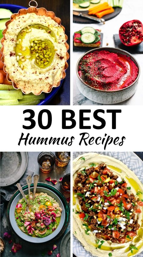 The 30 BEST Hummus Recipes - GypsyPlate Different Hummus Recipes, Hummus With Toppings, Delicious Hummus Recipes, Italian Hummus Recipe, Types Of Hummus, Hummus Boards Ideas, Hummus Charcuterie Board Ideas, Hummus Dip Ideas, Beat Hummus