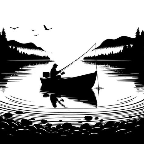 Ice Fishing Tattoo Ideas, Lake Fishing Tattoo, Cool Silhouette Art, Fishing Silhouette, Fishing Silhouette Tattoo, Fisherman Silhouette, Fishing Silhouette Designs, Man Fishing In Boat Silhouette, Fisherman Tattoo