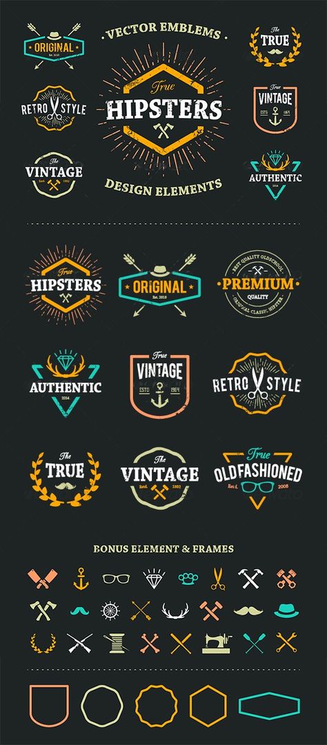 True Hipster Vector Set Template #design Download: http://graphicriver.net/item/true-hipster-vector-set/8560359?ref=ksioks Emblem Logo Design Inspiration, Vector Logo Design Ideas, Retro Logo Design Vintage Labels, Tshirt Logo Design Ideas, Logo Design Styles, Vintage Logo Design Inspiration, Graphic Design Logo Ideas, Vintage Logo Ideas, Vintage Badge Design