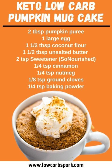 Pumpkin Mug Cake Recipe, Pumpkin Mug Cake, Mug Dessert Recipes, Microwave Mug Cake, Low Carb Mug Cakes, Microwave Mug Recipes, Microwave Mug, Keto Pumpkin Pie, Mug Cake Recipe