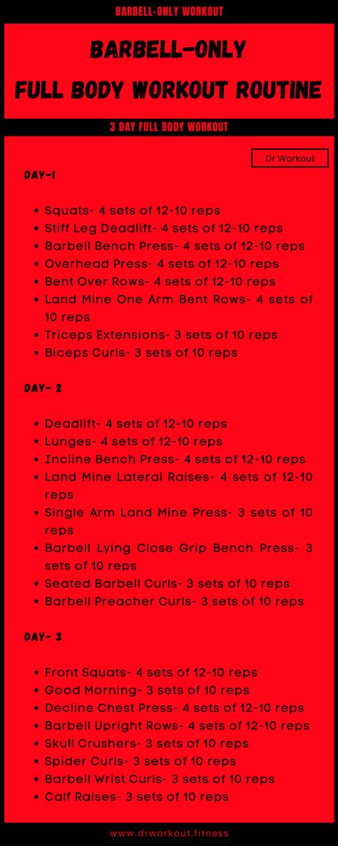 3 Day Barbell Full Body Workout Routine Barbell And Dumbbell Workout, 3 Day Full Body Workout Plan, 3 Day Workout Plan Men, Barbell Workout Mens, Barbell Full Body Workout, Full Body Barbell Workout, Muscle Mass Workout, Body Pump Workout, Split Workout Routine