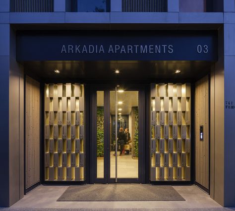 Gallery of Arkadia / IND Architects - 8 Residential Building Entrance, Entrance Lobby Design, Apartment Facade, Apartment Entrance, Entrance Lighting, Commercial And Office Architecture, Building Entrance, Modern Entrance, Hotel Entrance