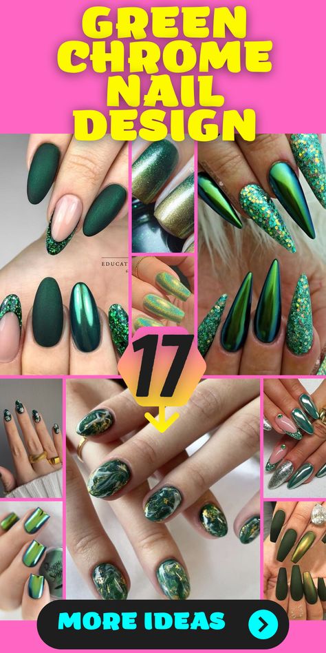 Looking for nail inspiration? Explore the world of green chrome nails and elevate your style! Whether you adore short square nails or prefer long stiletto nails, the chrome finish adds a modern touch. Experiment with shades like emerald and mint to create a captivating gradient effect. Add a pop of vibrancy with neon lime accents or embrace the elegance of a French tip. These acrylic nails are a versatile canvas for expressing your creativity and unique style. Chrome Green Nails Designs, Jade Chrome Nails, Green Chrome Nails Almond, Green And Red Chrome Nails, Unique Chrome Nails, Pink And Green Chrome Nails, Emerald Green Stiletto Nails, Red And Green Chrome Nails, Olive Green Chrome Nails