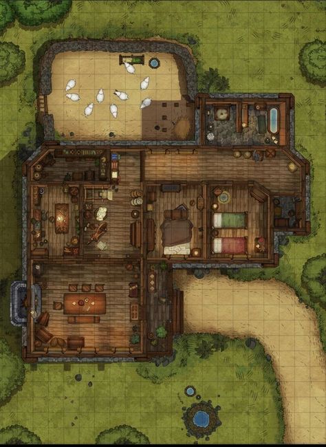 Dnd Maps House, Dnd Small House Map, Dnd Cottage Map, Dnd Shop Map, Dnd House Map, Medieval Village Layout, House Battlemap, Rimworld Ideas, Small House Map