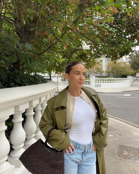 sophia tuxford (@sophiatuxford) | Instagram profile Sophia And Cinzia, Sophia Tuxford, Olive Green Coat, Last Friday Night, Long Leather Coat, Faux Leather Coat, Skin Glowing, Aesthetic Fits, Last Friday