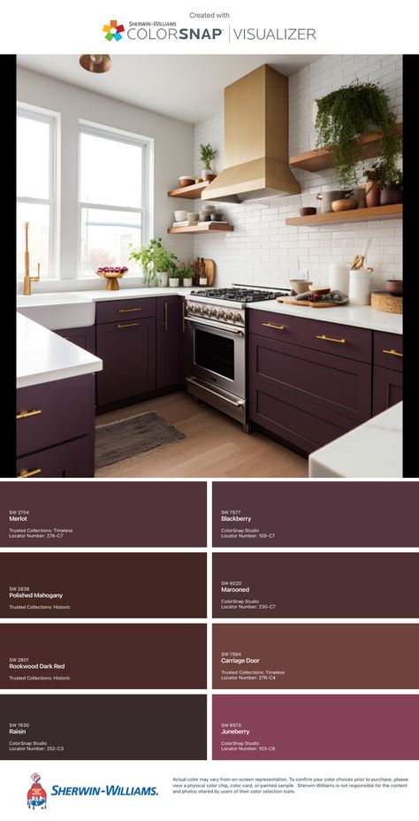 Eggplant Paint Palette — Arden Interiors Eggplant Interior Design, Sherwin Williams Eggplant Paint Colors, Sherwin Williams Blackberry Paint, Merlot Sherwin Williams, Sherwin Williams Merlot, Eggplant Kitchen Cabinets, Eggplant Cabinets, Blackberry Sherwin Williams, Dark Plum Paint Color