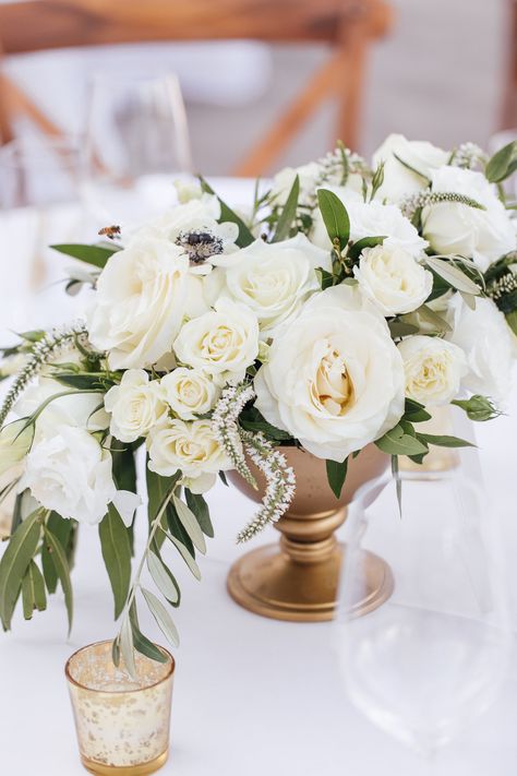 Gold Vase Centerpieces, Gold Vases Wedding, Low Wedding Centerpieces, Gold Wedding Centerpieces, Gold Wedding Flowers, White Floral Centerpieces, White And Gold Wedding, Wedding Vase Centerpieces, 50th Wedding Anniversary Party