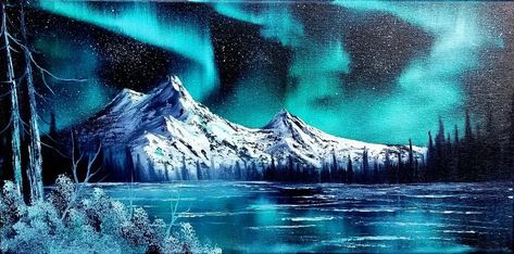 Messing around with some northern lights on a 10x20 canvas : HappyTrees Northern Lights Tattoo, Ukulele Art, Bird Paintings On Canvas, Northern Lights Painting, Bob Ross Paintings, Mountain Drawing, Nature Art Drawings, The Joy Of Painting, Abstract Flower Art