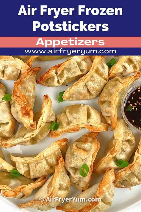 How to make Frozen potstickers in an air fryer (dumplings, wontons) - Air Fryer Yum Trader Joe’s Potstickers Air Fryer, Potstickers In Air Fryer, Air Fryer Potstickers, Air Fryer Dumplings, Vegan Potstickers, Frozen Potstickers, Fried Rice With Egg, Frozen Dumplings, Pf Changs