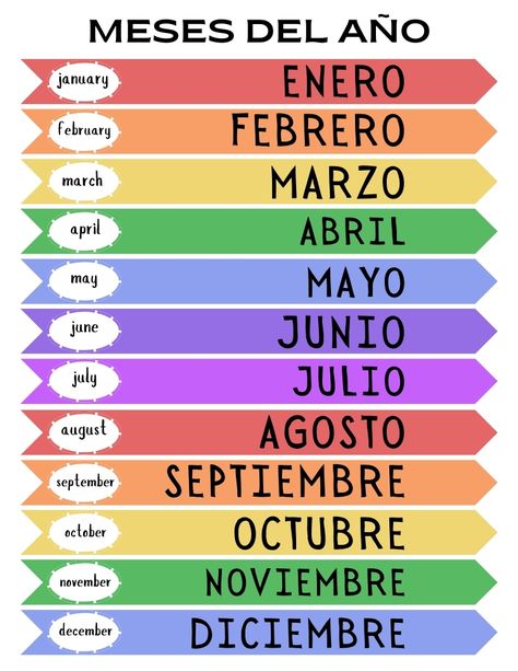 Free Printable Spanish Months Of The Year Charts Months Of The Year In Spanish, Spanish Months Of The Year, Spanish Months, Spanish Alphabet Chart, Months In Spanish, Spanish Alphabet, Spanish Names, Speak Spanish, School Binder