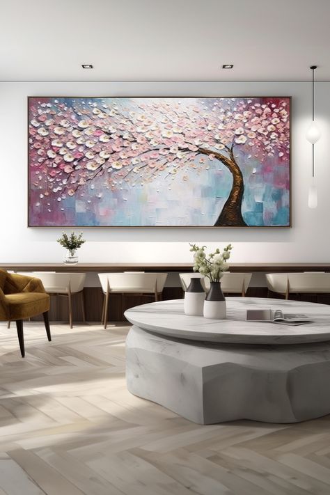 Original handmade textured painting of cherry blossom tree with pink and white flowers on blue-purple background Cherry Blossom Tree Painting, Blue And Purple Background, Blossom Tree Painting, Cherry Blossom Wall Art, Red Cherry Blossom, Sunflower Wall Art, Blossom Tree, Japanese Cherry Blossom, Cherry Blossom Tree