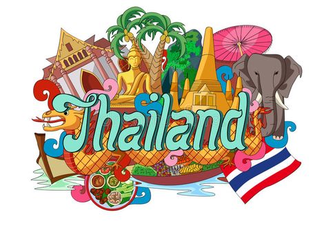 Doodle showing Architecture and Culture of Thailand royalty free illustration Travel Brochure Design, Buddha Elephant, Culture Of Thailand, Thailand Art, Thailand Holiday, Desain Editorial, Thai Art, Leaf Decor, Free Illustrations