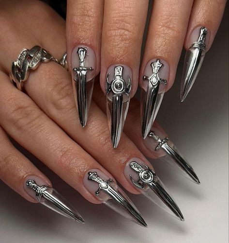 White And Chrome Nails, Silver Design Nails, Chrome Halloween Nails, Metal Nails, Jewelry Nails, Engagement Nails, Quotes Pink, Nails Yellow, Punk Nails