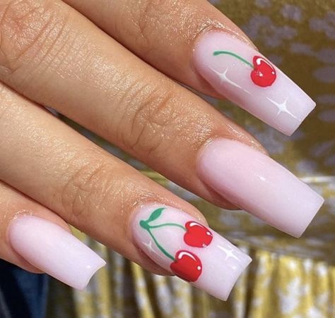 Acrylic Cherry Nails, White Nails With Strawberries, Cherries Nails Designs, Acrylic Nails Cherries, Cherry Nail Designs Summer, Easy Cherry Nails, Cherry Nail Art Design, Cherry Stiletto Nails, Acrylic Nails With Cherries