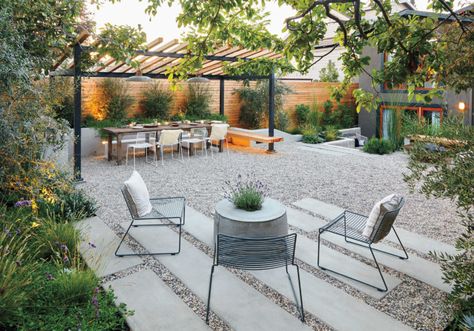 Hardscape Design Elements    Create lines of sight that pique curiosity and encourage wandering to other sections of the garden. From the seating area, an overhead trellis and a dining table beckon, as do two wooden benches and a sunken patio.Use gravel light on color to open up a smaller space. Hardscape Ideas, Hardscape Design, Contemporary Patio, Backyard Inspiration, Backyard Inspo, Modern Patio, Desert Landscaping, Backyard Design, Backyard Landscaping Designs