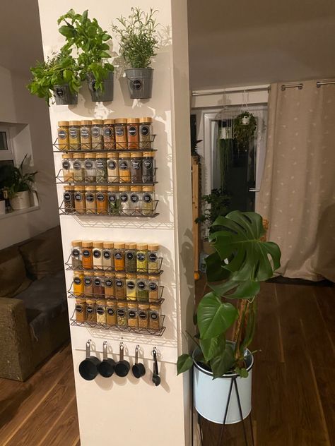 Diy Wall Mounted Spice Rack, Spice Rack Aesthetic, Aesthetic Spice Rack, Counter Spice Rack, Spice Storage Ideas, Inside Cupboard, Spice Rack Ideas, Spice Wall, Spice Cupboard