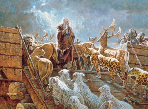 Noah and the Ark with Animals (The Lord Fulfilleth All His Words), by Clark Kelley Price; GAK 103; GAB 8; Primary manual 1-30; Primary manual 2-72; Primary manual 6-08; Genesis 6:12–22; 7:2–23; 8 Noah's Ark Art, Noahs Ark Animals, Fb Profile Photo, Christian Poems, Lds Art, Bible Images, Ancient Mesopotamia, Noah S Ark, The Flood