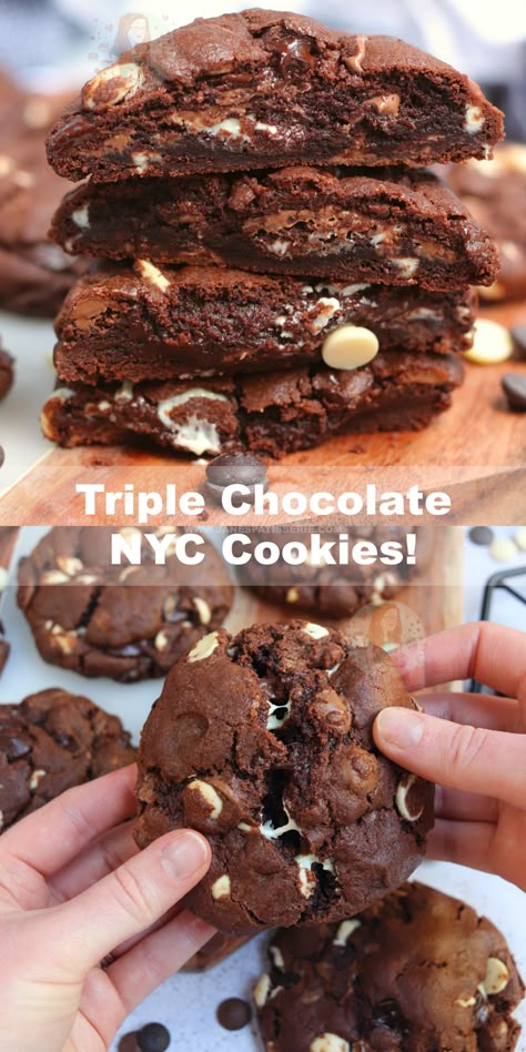 Giant Chocolate Cookie, Triple Chip Cookies, Triple Chocolate Chip Cookie Recipe, Triple Chocolate Cookies Recipe, Nyc Cookies Recipe, Nyc Cookie Recipe, New York Cookie Recipe, Nyc Cookies, Famous Cookies