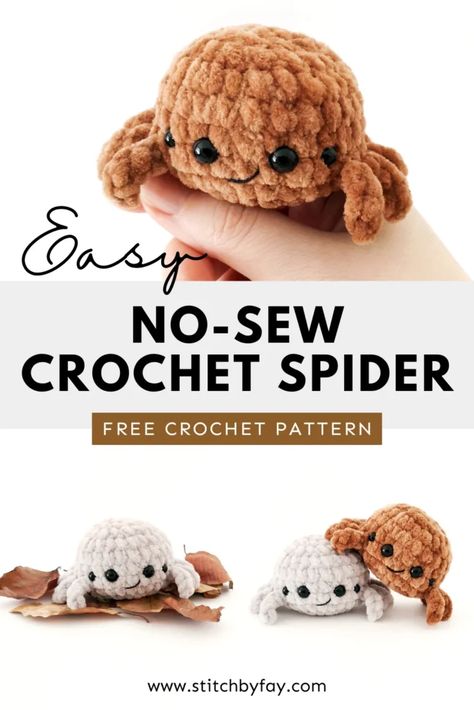 Pinterest image showing a collage of small crochet plush spiders. Text reads: "Easy no-sew crochet spider, free crochet pattern, www.stitchbyfay.com". Crochet Squishies, Spider Plushie, Amigurumi Spider, Spider Crochet, Crochet Spider, Crochet Pour Halloween, Spider Pattern, Fast Crochet, Easy Crochet Animals