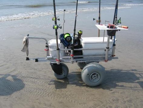 Beach Cart Diy, Pier Cart, Fishing Trolley, Beach Fishing Cart, Fishing Cart, Hunting Ideas, Bike Cart, Camping Snacks, Grill Light