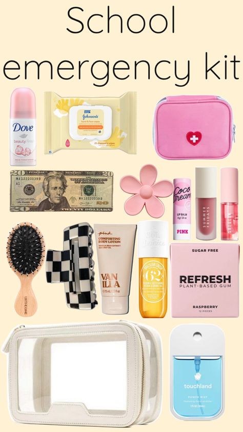 #school #kit #clear makeup bag #cute #nice #pink #gum #hand sanitizer #lip gloss #perfume #mini hairbrush #first aid kit #hair clip #wipes #lotion Mini Hairbrush, School Emergency Kit, Clear Makeup Bag, Perfume Mini, Clear Makeup, School Kit, Aid Kit, Emergency Kit, Bag Cute