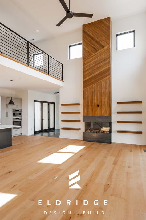 Modern Wood Fireplace Wall, Wood Feature Fireplace Wall, Very Tall Fireplace Wall, Wood Accent Wall Living Room Fireplace, Modern Fireplace With Shelves On Side, Wood Panel Walls Fireplace, Fireplace Tv Wall Modern Interior Design Shiplap, Wood Accent Wall With Fireplace, Fireplace Wood Paneling Wall