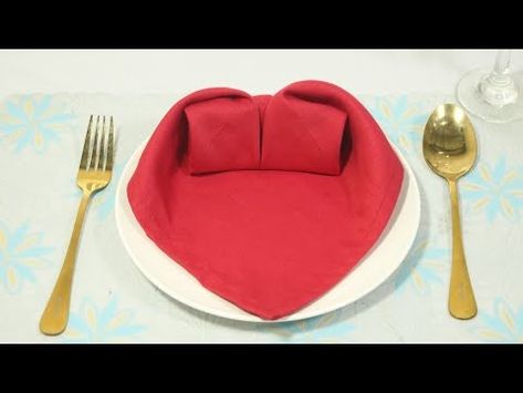 (1624) THE HEART TABLE NAPKIN FOLDING #TUTORIAL - YouTube Heart Shaped Folded Napkins, Folding Napkins For Valentines Day, Cloth Napkin Folding Ideas, Table Napkin Folding, Star Napkin Folding, Creative Napkin Fold, Hart Shape, Napkin Folding Tutorial, Easy Napkin Folding