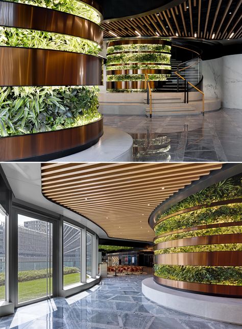 Columns Of Plants Create Vertical Gardens Inside This Building Vertical Green Wall, Vertikal Garden, Hidden Lighting, Vertical Garden Design, Vertical Gardens, Home Tattoo, Plant Lighting, Garden Buildings, Interior Garden