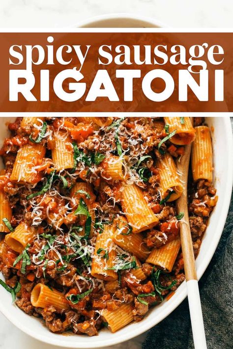 This Spicy Sausage Rigatoni is so simple and SO GOOD. Chewy tubes of rigatoni swimming in a delicious sauce made of Italian sausage, San Marzano tomatoes, red wine, and spices. #pasta #sausage #datenight Mia Recipes, Sausage Rigatoni Recipes, Pasta Sausage, Sausage Rigatoni, Rigatoni Recipes, Kitchen Sanctuary, Sausage Sauce, Broccoli Quiche, Marzano Tomatoes