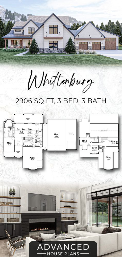 Whittenburg - 30230 This beautiful modern farmhouse would make a beautiful addition to any neighborhood. With 2906 square feet, 3 beds, and 3 baths, this home is perfect for a family who wants the space and the separation for connection, and privacy when needed. #homeplans #architecture #homedecor #interiordesign #homedesign #homesweethome #home #houseplans #interior #floorplans #LuxuryHomes #ModernFarmhouse 2 Story House Plans With Basement, Organic Modern House Plans, Open Concept Two Story Floor Plan, Best Home Layout Floor Plans, 2900 Sq Ft House Plans Open Floor, Floor Plans With Two Master Bedrooms, Modern Rambler House Plans, Coastal Farmhouse Floor Plans, Unique Home Layout