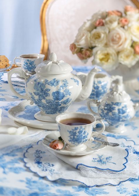 Victoria Tea and Linens Set Product Reveal - Victoria Victoria Magazine, April Cornell, Porcelain Tea Set, Rose Tea, Tee Set, Blue Roses, Linen Set, Tea Service, Diy Vintage