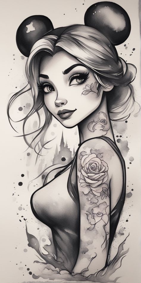 A Disney-inspired tattoo is creatively displayed over a blank canvas, drawn in a watercolor style. Exclusively in black and white, the design beautifully combines nostalgia with a modern artistic aesthetic. Character Sketches Easy, Disney Character Sketches Easy, Disney Inspired Tattoo, Dark Disney Tattoo, Dark Disney Princess, Disney Character Sketches, Kawaii Alt, 2023 Wallpapers, Animated Pics