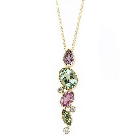 This may be the perfect pendant if you can't decide which colour to wear! Combining a beautifully curated combination of coloured gemstones, the pendant extends in a 'random' drop, cleverly tapered to create an elegant look. From the top downwards, the pendant features a pear shaped amethyst, oval blue-green tourmaline, oval pink sapphire and marquise cut green tourmaline, with three round brilliant cut diamonds dotted at intervals to add a little extra sparkle. To add to the elegant feel of the Coloured Gemstones, Funky Jewellery, Lucky Stone, Tourmaline Pendant, Tourmaline Jewelry, Pretty Jewelry, Jewellery Ideas, Sapphire Pendant, Funky Jewelry