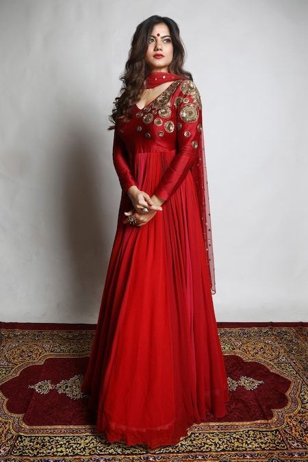 Mona and Vishu Shaded Anarkali Set | Women, Kurta Sets, Anarkali Sets, Red, Zari, Yoke  Dupion Silk, V Neck, Full -  #Anarkali #Dupion #Full #Kurta #Mona #Neck #Red #Set #Sets #Shaded #Silk #Vishu #Women #Yoke #Zari Newly Married Suit Design, Marriage Suits Women, Pakistan Outfits, Bridal Trousers, Heavy Suits, Anarkali Designs, Red Anarkali, Silk Anarkali Suits, Designer Anarkali Dresses