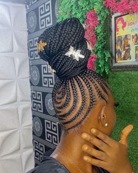 All Up Cornrow Hairstyles, Up Do Cornrow Hairstyles, Up In One Cornrow Braids, Braids In A Bun Black Women, Medium Feed In Braids Ponytail, Quick Braid Styles Black Hair With Weave, Hair Braided Into Ponytail, Fulani Braids Black Women, Braided Ponytail Hairstyles Feed In