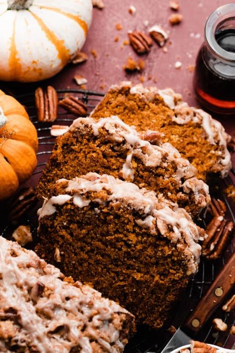 Pumpkin Bread is made in one-bowl with a full can of real pumpkin and plenty of cozy pumpkin spice. This tender & fluffy homemade pumpkin bread is topped with a crunchy brown sugar pecan streusel and a silky drizzle of maple glaze. Slice while piping hot from the oven for optimal fall bliss. Slices will disappear in a flash - good thing this recipe makes two loaves! Healthy Pumpkin Bread Recipe, Homemade Pumpkin Bread, Homemade Honey Butter, Starbucks Pumpkin Bread, Honey Butter Chicken, Healthy Pumpkin Bread, Pumpkin Pie Spice Mix, Cranberry Bread, Homemade Pumpkin Puree