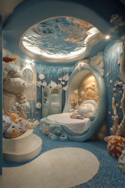 Stunningly unique detailed nursery interior in underwater ocean world theme. Discover how to transform a nursery room into a whimsical wonderland that blends comfort, creativity, and practicality. Decoration Dining Room, Dream Bedroom Inspiration, Small Living Room Layout, Mermaid Room, Dream Life House, Nursery Room Design, Home Decor Ideas Living Room, Living Room Partition Design, Room Partition Designs