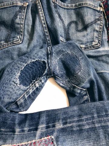 The most asked about type of repair for your jeans. This will show you how to mend the butt thigh area of your jeans by hand or by machine. #denimrepair #visiblemending Visible Mending Jeans, Jean Mending, Jeans Repair, How To Patch Jeans, Thigh Rub, Repair Jeans, Denim Repair, Denim Projects, Visible Mending