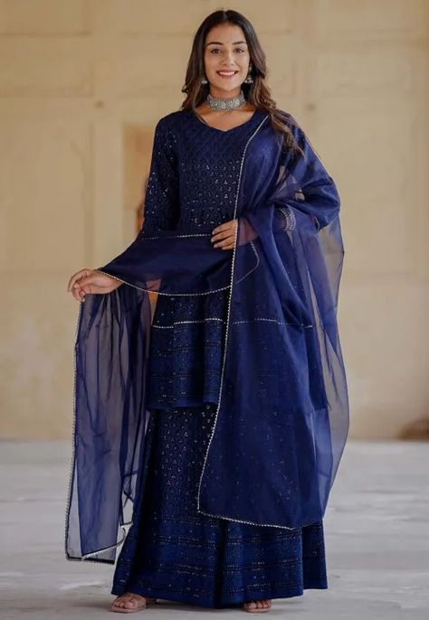 Embroidered Rayon Pakistani Suit in Navy Blue : KUF15509 Blue Dress Design, Angrakha Style Anarkali, Blue Colour Suit, Frock Suit Design, Blue Sharara, Cotton Anarkali Suits, Different Sleeves Style, Maxi Frocks, Kurta Palazzo Set