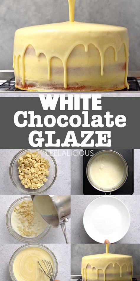 This white chocolate ganache glaze is basically a ganache that is pourable in order to give cakes a nice coating and sheen. Consider glazing your favourite cake with this delectable white chocolate glaze White Chocolate Ganache Recipe, Chocolate Glaze Recipes, Ganache Glaze, White Chocolate Glaze, White Chocolate Icing, Chocolate Ganache Glaze, White Chocolate Sauce, Chocolate Ganache Recipe, Glaze For Cake