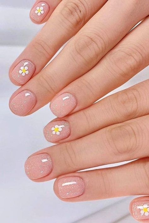 Nails With A Flower, Nude Glitter Nails, Minimalist Nail, Minimal Nails Art, Korean Nail Art, Chrome Nail Art, Nail Pen, Dot Nail Art, Pink Manicure