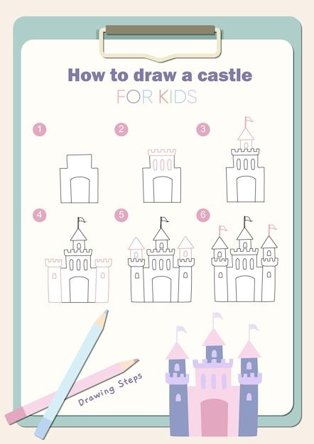 How to draw a castle. easy drawing steps... | Premium Vector #Freepik #vector #sketch-art #art-drawing #artwork #house-draw How To Draw A Castle Step By Step, How To Draw A Princess For Kids, Princess Castle Drawing, How To Draw A Castle, Castle Drawing For Kids, Castle Drawing Sketches, Drawing Of A Castle, Draw Castle, Castle Drawing Easy