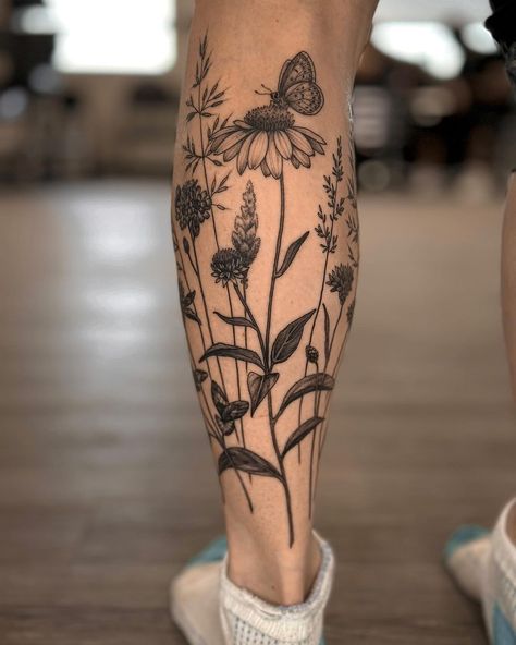 Veronika Minaeva | Tattoo artist | Beautiful wildflowers 🥰 | Instagram Small Nature Tattoo, Flower Leg Tattoos, Thistle Tattoo, Earthy Tattoos, Mother Nature Tattoos, Wrap Tattoo, Wildflower Tattoo, Mushroom Tattoos, Theme Tattoo