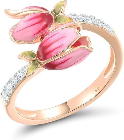 Amazon.com: Santuzza 925 Sterling Silver Pink Enamel Tulip Ring White Cubic Zirconia Rose Plated Flower Open Ring for Women (8): Clothing, Shoes & Jewelry Tulip Ring, Pink Flower Ring, Big Wedding Rings, Flower Plates, Pink Enamel, Big Wedding, Gold Jewellery Design, Jewellery Design, Silver Enamel