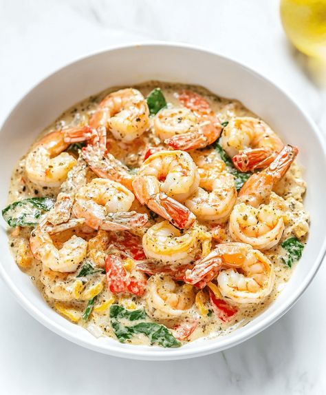 Easy Creamy Tuscan Shrimp Recipe Parmesan Cream Sauce Recipe, Juicy Steak Bites, Creamy Tuscan Shrimp, Tater Tot Appetizers, Shrimp Casserole Recipes, Shrimp And Spinach, Tuscan Shrimp, Butter Cream Sauce, Shrimp Casserole