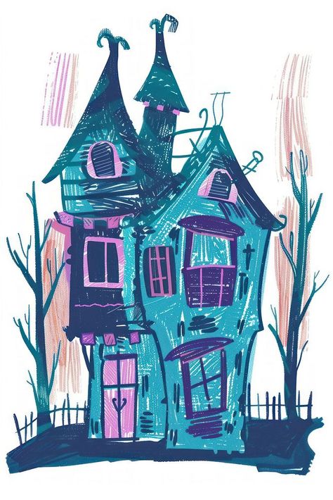 Whimsical haunted house illustration | free image by rawpixel.com / Adjima Cartoon Houses Illustration, How To Draw Haunted House, Old House Illustration, Dollhouse Illustration, Haunted House Cartoon, Haunted House Illustration, Cute Haunted House, Haunted House Art, 2024 Drawing