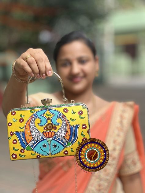 One of the kind unique, hand painted clutches hand painted bag , perfect way to add pop of colour to any outfit, gift for a women, personalised unique gift, wallets for women, hand crafted in India, Madhubani paint on women clutches. Customised as needed different Indian forms different shape of the clutches and pretty spacious to hold a big phones Painted Clutches, Canvas Sling Bag, Painted Purse, Diy Clutch, Handpainted Bags, Simple Canvas Paintings, Free Hand Rangoli Design, Free Hand Rangoli, Painted Bags