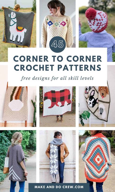 Don't miss this collection of free c2c crochet patterns, curated by Make and Do Crew. Using the corner to corner crochet stitch, you can make baby blankets, sweaters, pillows, hats, and more. We've included free graph patterns for home decor, clothing, and crochet accessories. Visit the blog and learn a new crochet technique with these tips and tricks for creating stunning c2c crochet projects. C2c Crochet Sweater Pattern, Corner To Corner Crochet Projects, What Is C2c Crochet, C2c Patterns Graph, Free Corner To Corner Crochet Patterns, C2c Squares Patterns, C2c Graphgan Charts Free Easy, Crochet Corner To Corner Pattern Free, C2c Crochet Pattern Free Beginner