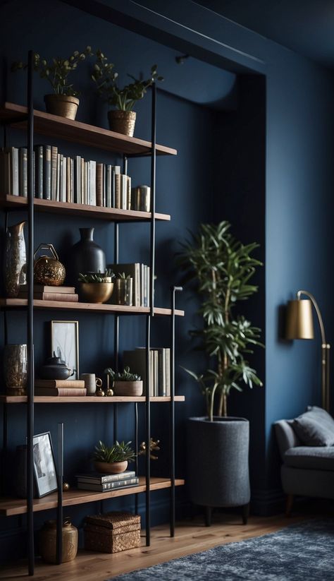 23 Dark Blue Bedroom Ideas for a Cozy and Stylish Retreat Blue Black And Brown Bedroom, Dark Moody Blue Bedroom, Dark Blue Wall Ideas, Blue Teen Boy Room, Dark Blue Feature Wall Bedroom, Denim Blue Bedroom, Deep Blue Paint Colors, Shades Of Blue Bedroom, Dark Blue Academia